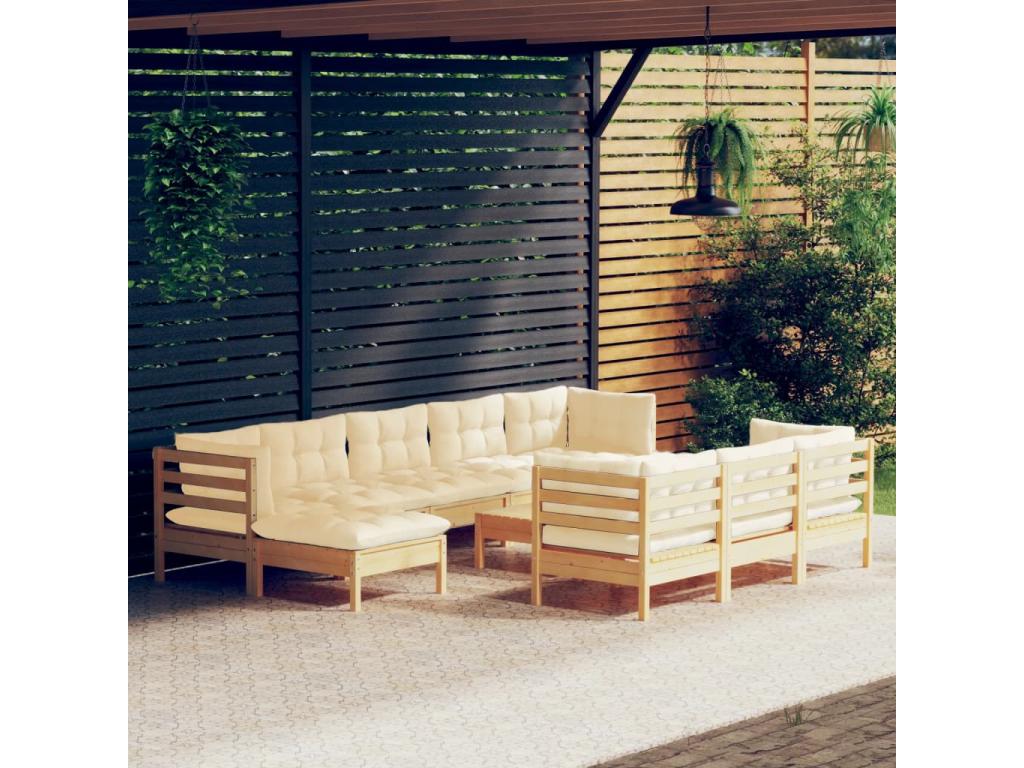 11-piece garden furniture set with cream cushions, solid pine wood IWCQ28225